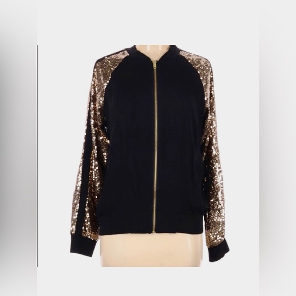 ✅Xhiliration gold sequin zip bomber sweatshirt / black/ front pockets/ NWOT  🖤💛 - Picture 3 of 15
